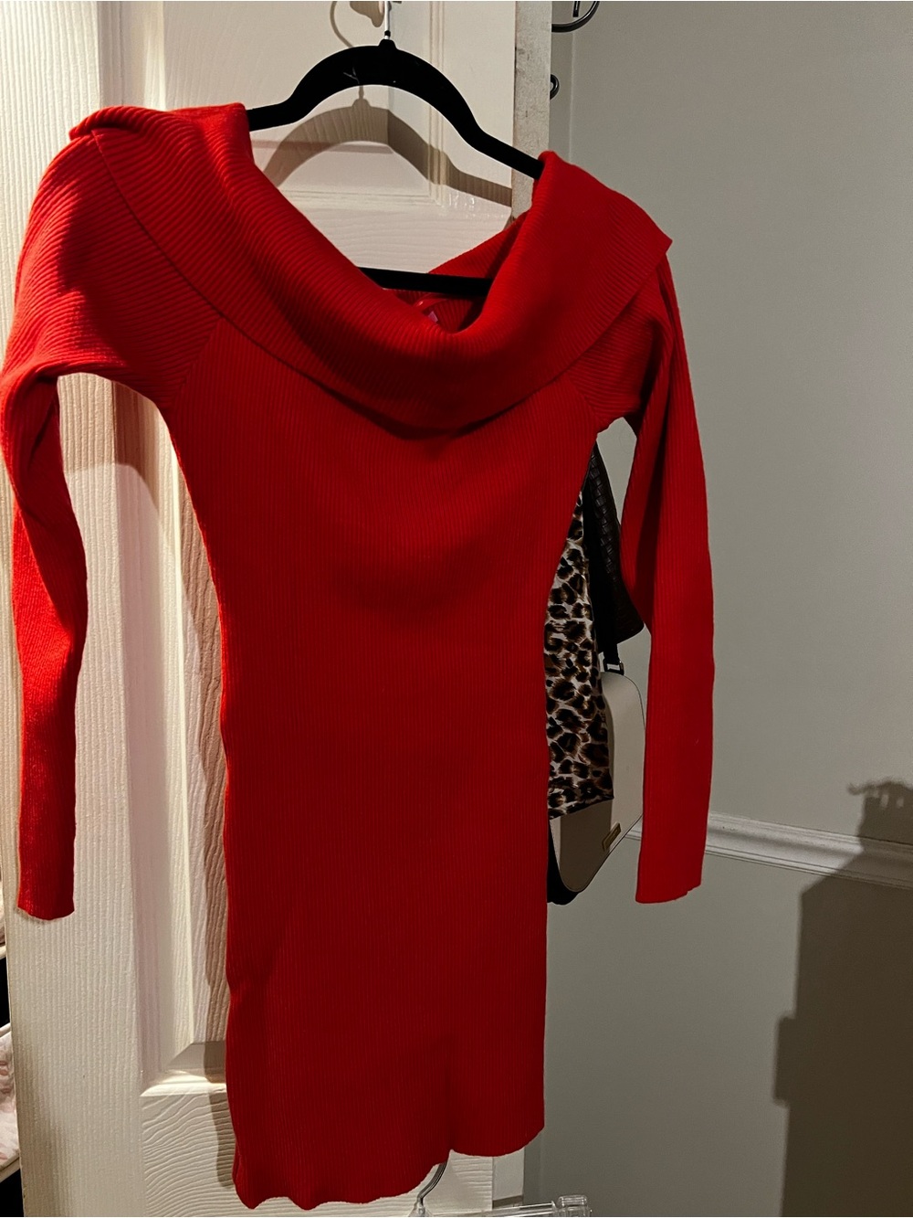 Edikted Red Ribbed Off-Shoulder Sweater Dress